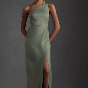 BHLDN Dylan One-Shoulder Satin Side-Slit Gown